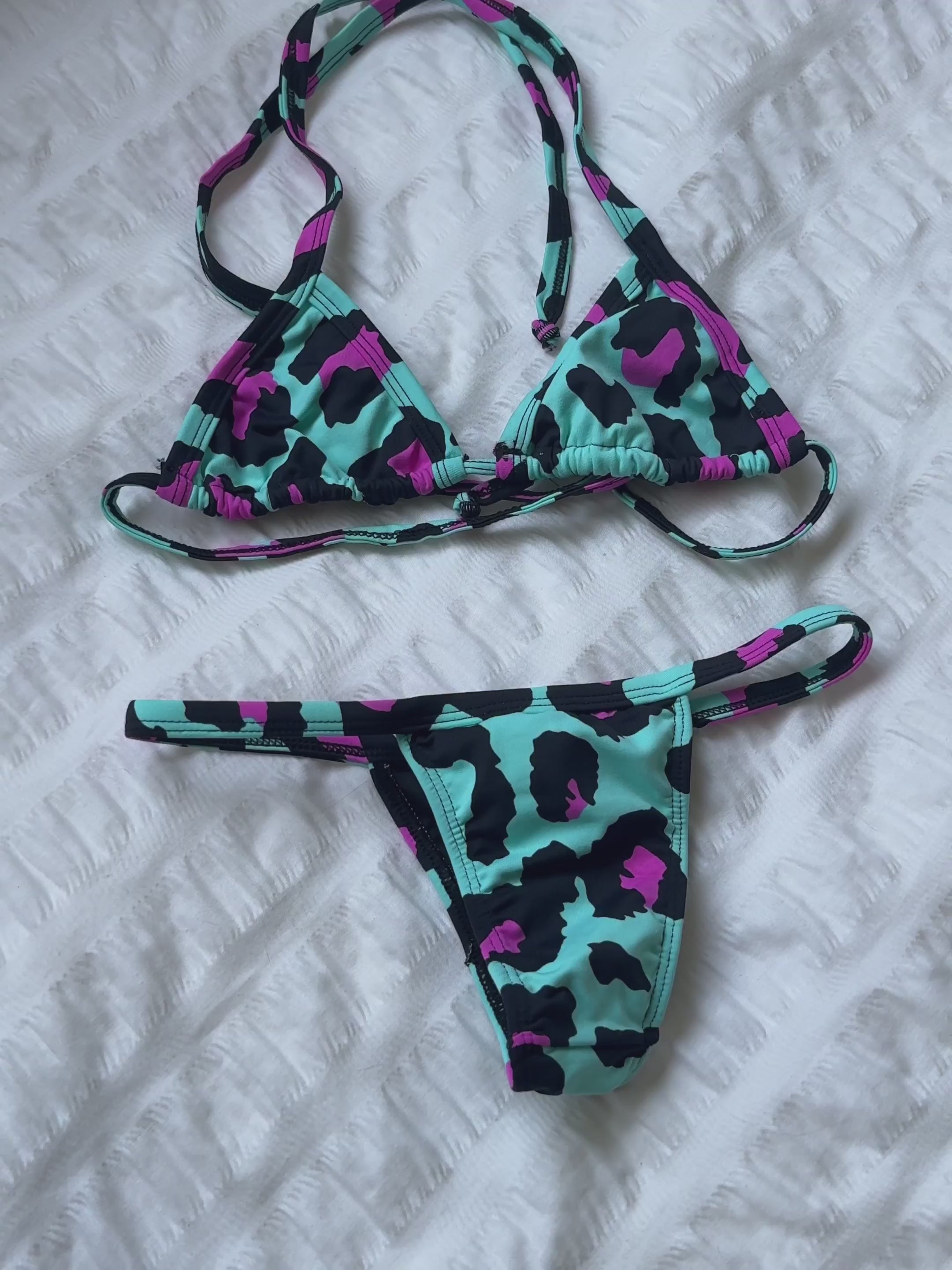 Sol Aqua/Pink/Black Thong Bikini Set - Patterned